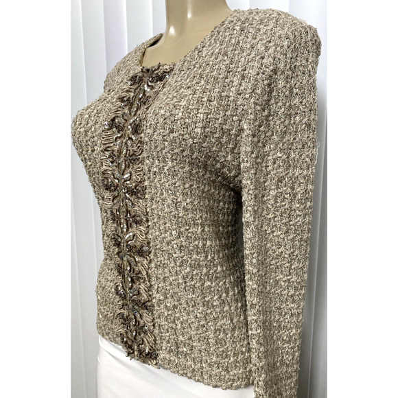St John Evening Jacket Blazer Tweed Knit Beige Oatmeal Zip Bead 12 L Vintage - Picture 3 of 11